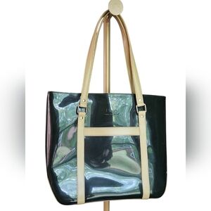 BEIJO Black And Tan Patent Leather Polyvinyl Tote Bag. Silver Hardware